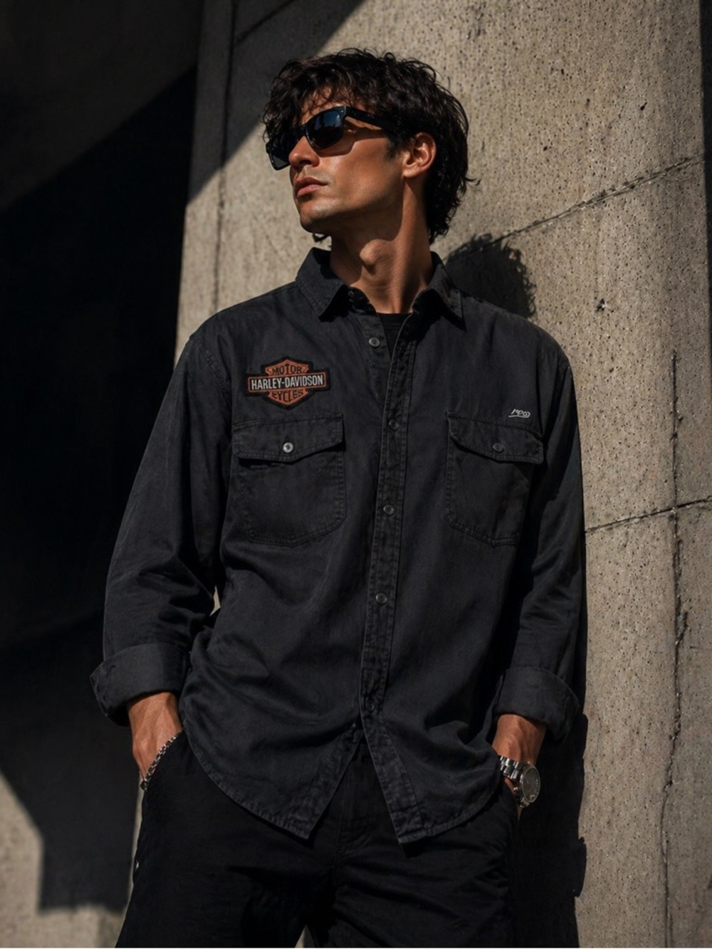 SOLD.   Original Harley-Davidson Slim XL Black Shirt 100% Cotton Logo Button Up
